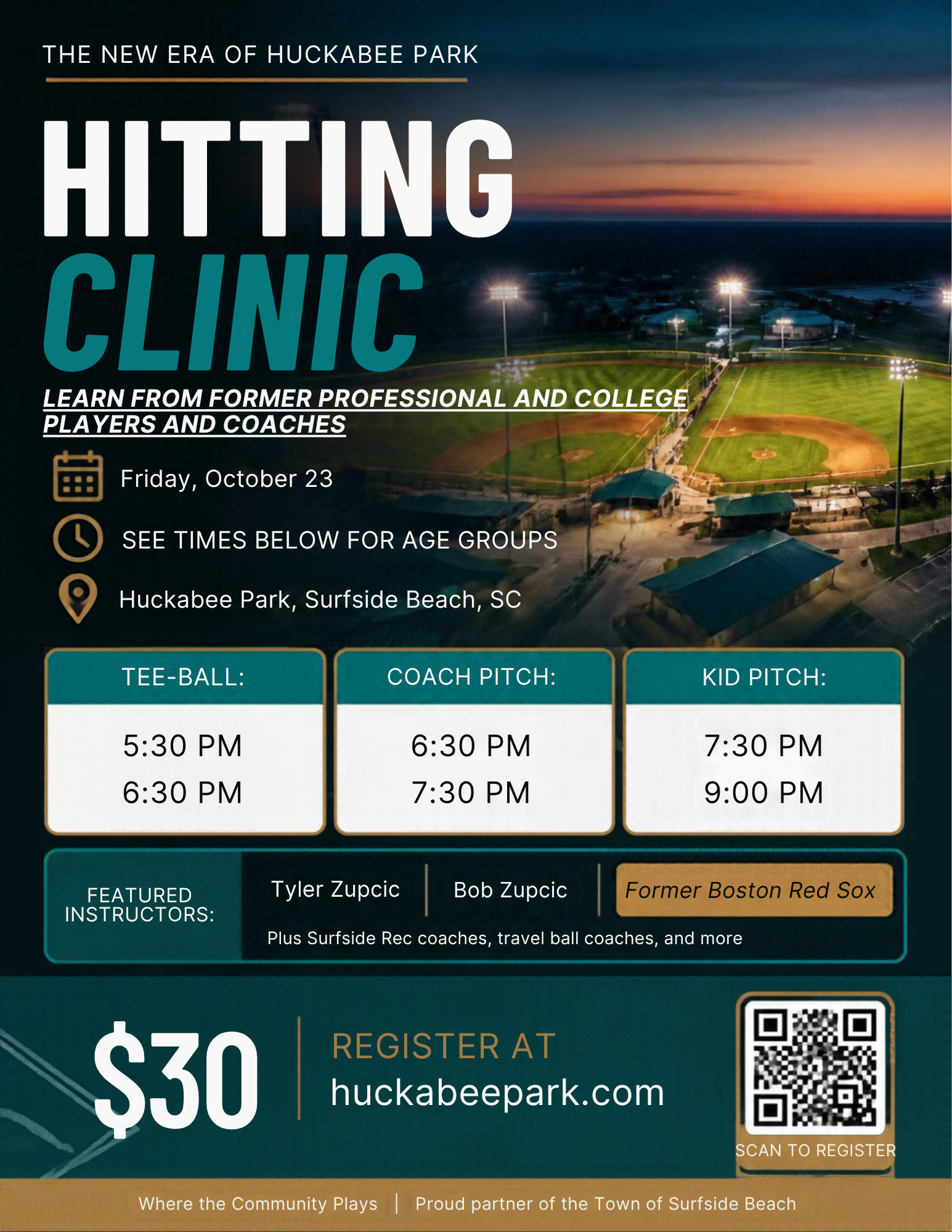 Huckabee Park Hitting Clinic flyer, October 23, starting at 5:30 PM
